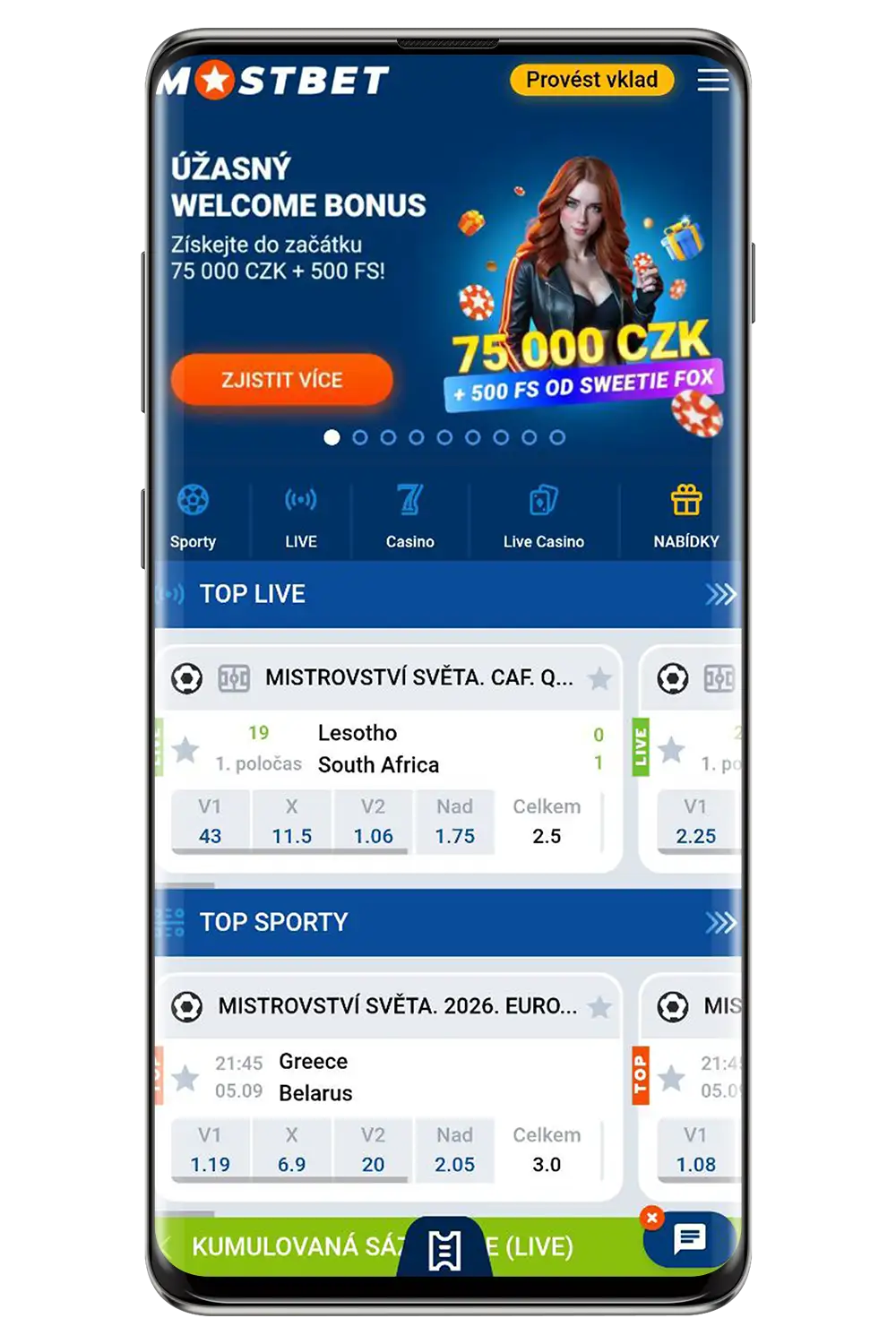 Rozhraní sázkové kanceláře Mostbet na mobilním zařízení